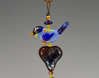 Bird Lovers  Necklace, Bird Necklace, Bird Pendant, Lampwork Glass Bead Pendant  - orange fantasy bird with red floral heart