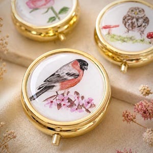 May include: Gold-toned, round pill boxes with painted designs. One box features a bird perched on a flowering branch, another a rose, and a third an owl with mushrooms. The boxes have a small, hinged opening.