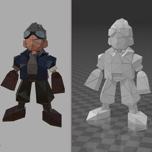 May include: A low-poly 3D model of a stylized character. The figure wears goggles, a blue jacket, brown gloves, and dark pants. The model is rendered in a polygonal style, with a second wireframe version displayed alongside it.