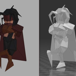 May include: A low-poly 3D model of a character in a red and black outfit with a cape. The character is holding something in front of them. The image is split, with a colored version on the left and a wireframe version on the right.