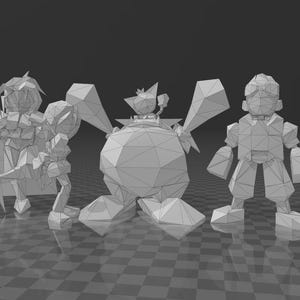 May include: Three polygonal figures in a grayscale render. The figures include a character with a cape, a large round character with large arms, and a smaller figure with a hat. The figures are on a checkered surface.