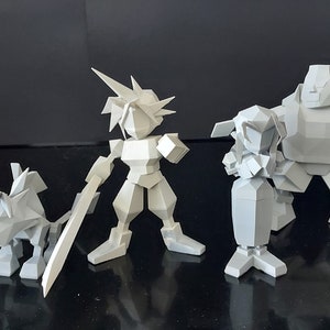 Könnte beinhalten: Fünf weiße, niedrig-poly, 3D-gedruckte Figuren von Charakteren aus einem Videospiel. Die Figuren stehen auf einer schwarzen Oberfläche.