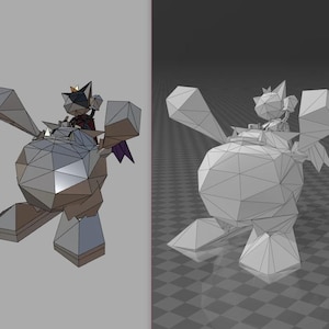 May include: A 3D model of a stylized character with geometric shapes. The figure has a crown, wings, and large, blocky limbs. The color palette is primarily gray, with accents of black, brown, and purple.