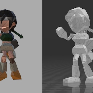 May include: A 3D polygonal model of a character in a fighting stance. The figure has black hair, a green top, and tan shorts. The model is rendered with a low-poly style, with visible geometric shapes. A wireframe version is shown on the right.