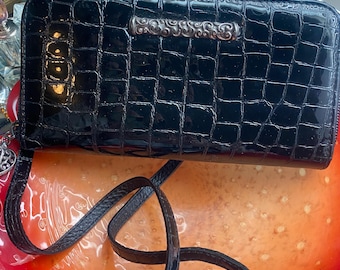 Brighton Black Croc Embossed Leather Wallet Crossbody with Strap