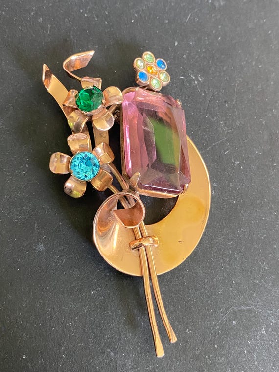 RARE Coro Craft Sterling Vermeil Brooch: Rhinestone Floral Runway Piece