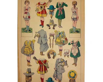 May include: Vintage paper doll sheet featuring multiple figures and outfits. The figures are dressed in various outfits, including dresses, coats, and hats. The color palette includes red, yellow, green, and blue. The text "POUPEES A HABILLER PL. 4" is visible at the top.