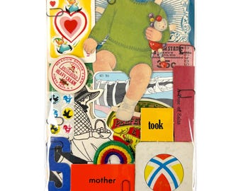 Op de afbeelding: Een collage van vintage ephemera, waaronder een harten vijf speelkaart, een groen papieren poppenoutfit, een Meadow Brook Farm roomlabel, een ticket, een geel vierkant met het woord took, een rode rechthoek met mother en een balafbeelding.