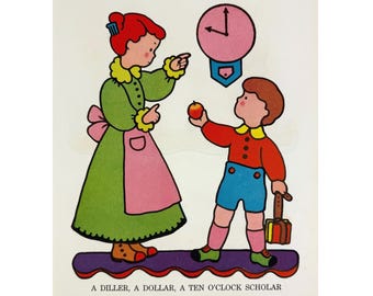 Ilustración vintage de "A Diller A Dollar" - Lámina de libro infantil de Mother Goose de 1940 por Margot Austin