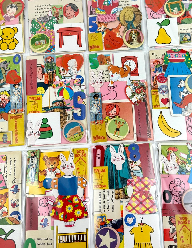 Puede incluir: Una colecci&oacute;n de ef&iacute;meras vintage, que incluye mu&ntilde;ecas de papel, ilustraciones de animales y varias im&aacute;genes recortadas. El surtido presenta una variedad de colores y temas, como corazones, conejitos y patrones florales, todo sujeto con clips de papel met&aacute;licos.