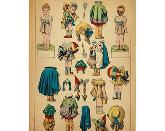 May include: Vintage paper doll sheet titled "Poupees a Habiller" with illustrations of children and various outfits. The outfits include dresses, coats, hats, and accessories in a variety of colors. The sheet is printed on aged paper.