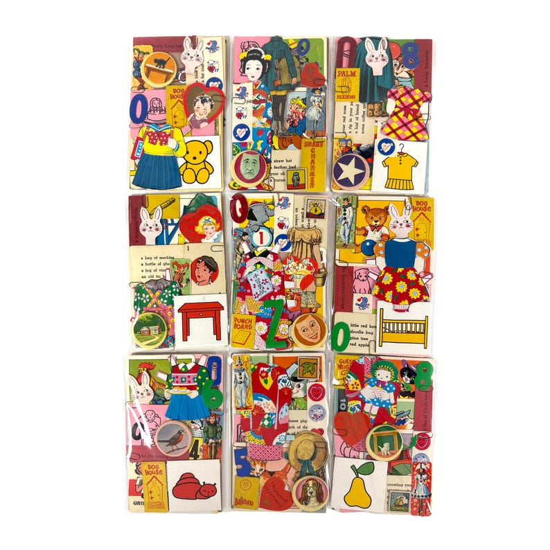 Puede incluir: Una colecci&oacute;n de tarjetas de arte de collage de estilo vintage. Cada tarjeta presenta una variedad &uacute;nica de im&aacute;genes recortadas, incluyendo ilustraciones de personas, animales y objetos. Las tarjetas est&aacute;n dispuestas en una cuadr&iacute;cula, mostrando una variedad de colores y dise&ntilde;os.