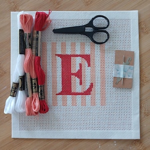 K&ouml;nnte beinhalten: Eine Stickleinwand mit einem gro&szlig;en roten Buchstaben E, der &uuml;ber vertikalen pfirsichfarbenen Streifen zentriert ist. Enthalten sind drei Stickgarnstr&auml;nge in Wei&szlig;, Pfirsich und Rot, eine schwarze Schere und eine Nadel auf einer kleinen braunen Karte.