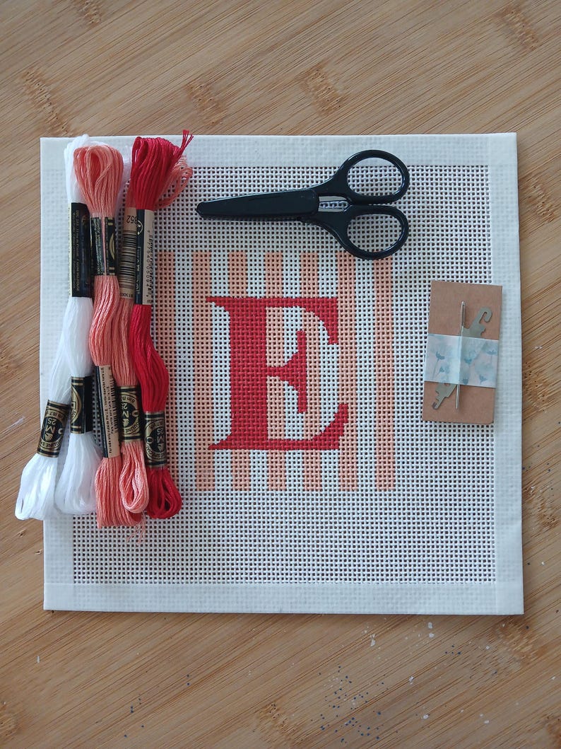 K&ouml;nnte beinhalten: Eine Stickleinwand mit einem gro&szlig;en roten Buchstaben E, der &uuml;ber vertikalen pfirsichfarbenen Streifen zentriert ist. Enthalten sind drei Stickgarnstr&auml;nge in Wei&szlig;, Pfirsich und Rot, eine schwarze Schere und eine Nadel auf einer kleinen braunen Karte.