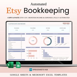 May include: A laptop screen displaying a Google Sheets spreadsheet with a custom date dashboard for Etsy bookkeeping. The spreadsheet includes charts and graphs to track total revenue, total expenses, net income, and net profit margin. The spreadsheet is labeled "Automated Etsy Bookkeeping" and "COPY & PASTE ETSY CSV | MONITOR INCOME & EXPENSES | FULLY AUTOMATED".