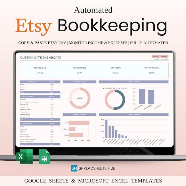 Etsy Seller Bookkeeping Spreadsheet | Excel & Google Sheets (Automatic CSV Import)