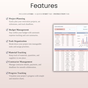 May include: A digital spreadsheet with the title "Features" at the top. The spreadsheet includes sections for project planning, budget management, task organization, material tracking, contractor management, and progress tracking. The image also includes a dashboard with charts and data.