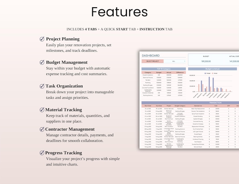 May include: A digital spreadsheet with the title "Features" at the top. The spreadsheet includes sections for project planning, budget management, task organization, material tracking, contractor management, and progress tracking. The image also includes a dashboard with charts and data.