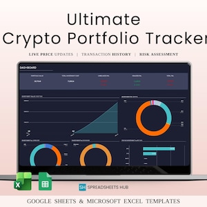 Peut inclure: Un ordinateur portable affiche un tableau de bord de suivi de portefeuille crypto avec des visualisations de données. L'écran montre les mises à jour des prix en direct, l'historique des transactions et l'évaluation des risques. Le texte "Ultimate Crypto Portfolio Tracker" est visible.