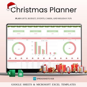 Christmas Planner Spreadsheet for Google Sheets & Excel | Christmas Budget Tracker | Holiday Expense Budgeting | Christmas Card Tracking