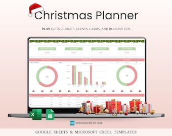May include: A laptop computer screen displaying a Christmas planner spreadsheet template with a red and green color scheme. The spreadsheet includes sections for gifts, budget, events, cards, and holiday fun. The spreadsheet is titled "Christmas Planner".