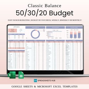 SALE - 50/30/20 Budget Spreadsheet Template | Excel & Google Sheets| Classic Balance Budgeting Template | 50/30/20 RULE