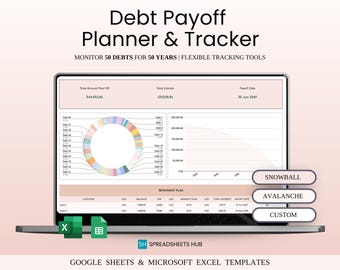 May include: A laptop screen displaying a debt payoff planner and tracker spreadsheet template. The spreadsheet has a colorful pie chart, a line graph, and a table with columns for category, balance, APR, and payment plan. The template is available for Google Sheets and Microsoft Excel. The text on the screen reads "Debt Payoff Planner & Tracker", "Monitor 50 Debts for 50 Years | Flexible Tracking Tools", "Total Amount Paid Off", "Total Interest", "Payoff Date", "Snowball", "Avalanche", and "Custom".