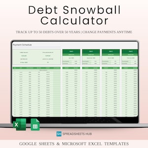 Plantilla de calculadora de deudas tipo bola de nieve para Excel y Hojas de Cálculo de Google / Úsala con cualquier moneda / Calendario de pagos / Fácil de usar (Tema verde)
