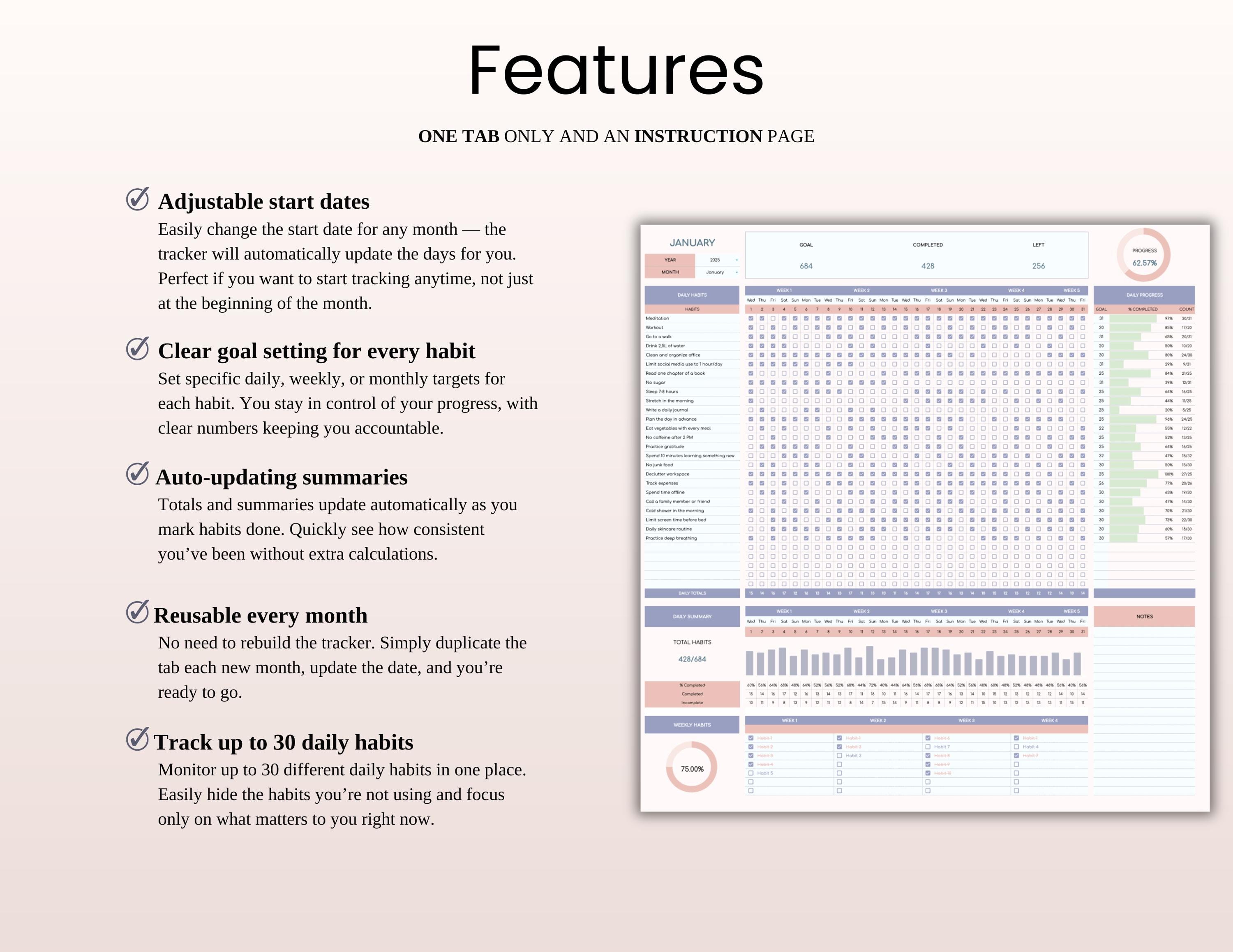 Habit Tracker Template Google Sheets Excel | Digital Monthly Weekly ...