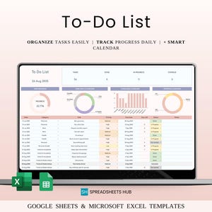 May include: A laptop displaying a "To-Do List" spreadsheet template. The screen shows task progress with charts and a list of tasks. The text includes "Organize Tasks Easily", "Track Progress Daily", and "Smart Calendar". Below the laptop are Excel and Google Sheets icons.