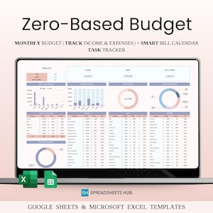 Puede incluir: Una pantalla de computadora portátil que muestra una hoja de cálculo con una plantilla de presupuesto de base cero. La hoja de cálculo incluye un rastreador de presupuesto mensual, seguimiento de ingresos y gastos, un calendario inteligente de facturas y un rastreador de tareas. La hoja de cálculo se titula "Presupuesto de base cero" y está etiquetada como "Marzo". La hoja de cálculo está diseñada para usarse con Google Sheets y Microsoft Excel.