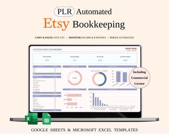 May include: A laptop screen displaying an automated Etsy bookkeeping dashboard. The screen shows financial data, charts, and graphs. Text includes "PLR Automated Etsy Bookkeeping," "Copy & Paste Etsy CSV," and "Google Sheets & Microsoft Excel Templates." Includes a commercial license.