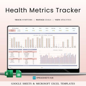 May include: A laptop displaying a health metrics tracker with charts and graphs. The screen shows data visualization for symptoms, mood, energy, and exercise. The text on the screen reads "TRACK SYMPTOMS | MANAGE GOALS | VIEW ANALYTICS". The laptop is on a light pink background.