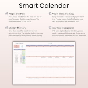 May include: A Smart Calendar with the title at the top. The calendar includes sections for project due dates, monthly overview, project status tracking, and easy task management. The calendar displays tasks on specific dates.
