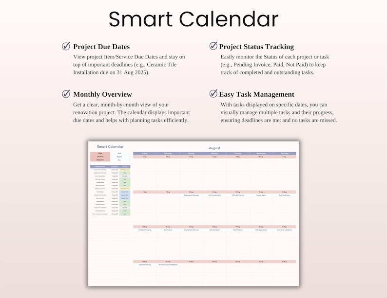 May include: A Smart Calendar with the title at the top. The calendar includes sections for project due dates, monthly overview, project status tracking, and easy task management. The calendar displays tasks on specific dates.