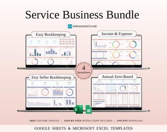 May include: A digital product bundle for service businesses, featuring four spreadsheets: Easy Bookkeeping, Income & Expense, Etsy Seller Bookkeeping, and Annual Zero-Based. The spreadsheets are displayed on a laptop screen with a pink background. The text "Service Business Bundle" is displayed at the top of the image.