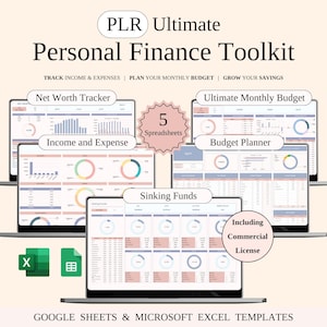 Op de afbeelding: Een afbeelding van een digitaal product met een "Personal Finance Toolkit" met de tekst "PLR Ultimate". De afbeelding toont vijf spreadsheet-sjablonen, waaronder een Net Worth Tracker, Income and Expense, Ultimate Monthly Budget, Budget Planner en Sinking Funds. Inclusief een commerciële licentie.
