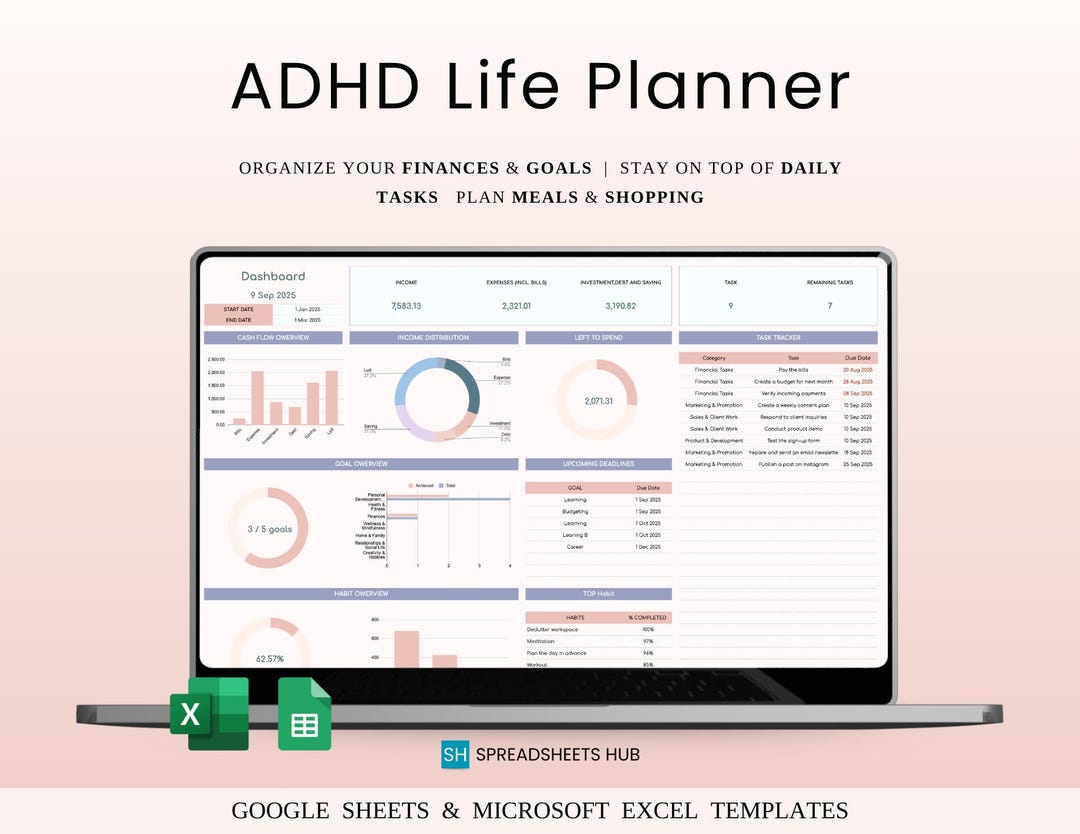 ADHD Planner Template Google Sheets Excel | Daily Habit Meal Finance ...