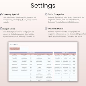 May include: A digital document titled "Settings" with sections for currency, main categories, budget setup, and payment status. The document includes a table with project details, budget categories, and payment statuses.