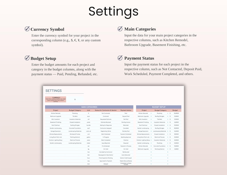 May include: A digital document titled "Settings" with sections for currency, main categories, budget setup, and payment status. The document includes a table with project details, budget categories, and payment statuses.