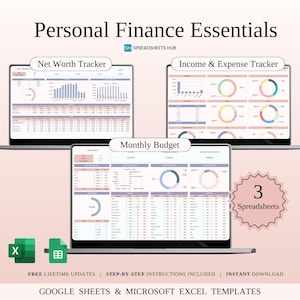 Puede incluir: Tres hojas de cálculo para la gestión de las finanzas personales: Seguimiento del patrimonio neto, Seguimiento de ingresos y gastos, y Presupuesto mensual. Las hojas de cálculo se muestran en pantallas de portátiles con un esquema de color rosa y gris. El texto "3 hojas de cálculo" se muestra en un círculo rosa.
