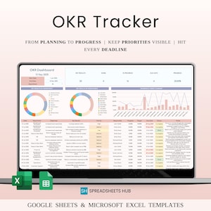 May include: A laptop displaying an OKR (Objectives and Key Results) dashboard template. The screen shows a spreadsheet with charts and data, including key results, progress, and due dates. Text at the top reads "OKR Tracker" and "FROM PLANNING TO PROGRESS".