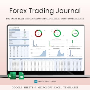 以下が含まれることがあります： 金融データとグラフを表示するForex Trading Journalのラップトップ画面。画面には取引パフォーマンスと利益目標が表示されます。画面のテキストは「LOG EVERY TRADE IN SECONDS | POWERFUL ANALYTICS | SMART FOREX TRACKER」です。