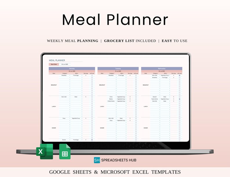 Weekly Meal Planner Template | Google Sheets & Excel (digital) - Etsy