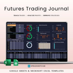 May include: A laptop displaying a "Futures Trading Journal" with data visualizations and charts. The screen shows trade performance, profit goals, and other financial metrics. The text includes "Track Trades, Analyze Profits, Improve Strategies." Two icons for Excel and Google Sheets are visible.