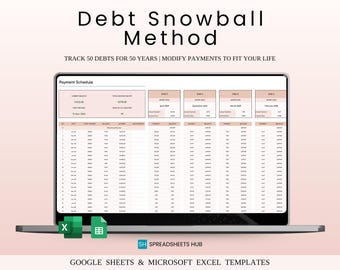 May include: A laptop computer screen displaying a spreadsheet titled "Debt Snowball Method". The spreadsheet is designed to track 50 debts for 50 years and includes a payment schedule. The spreadsheet is compatible with Google Sheets and Microsoft Excel.