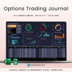 May include: A laptop screen displaying an options trading journal with charts and data visualizations. The text "Options Trading Journal" is at the top, with "TRACK STRIKES & SPREADS | P&L PER PLAY | PARTIAL EXITS" below it. Excel and Google Sheets icons are at the bottom.