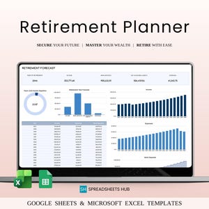 Könnte beinhalten: Ein Laptop mit einer Rentenprognose mit Diagrammen und Finanzdaten. Der Bildschirm zeigt Einkommen, Nettovermögen und Ausgaben. Der Titel "Retirement Planner" steht oben, mit dem Text "Secure Your Future, Master Your Wealth, Retire with Ease."