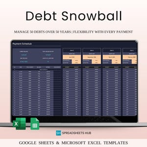 Plantilla de pago de deudas con efecto bola de nieve para Excel y Hojas de Cálculo de Google / Calendario de pagos / Sin deudas (Modo oscuro)