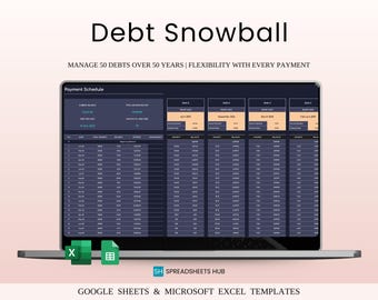 May include: A laptop screen displaying a spreadsheet titled "Debt Snowball" with a dark background and white text. The spreadsheet is designed to help manage 50 debts over 50 years. The text "MANAGE 50 DEBTS OVER 50 YEARS | FLEXIBILITY WITH EVERY PAYMENT" is displayed above the spreadsheet. The spreadsheet is divided into sections labeled "Payment Schedule", "Debt 1", "Debt 2", "Debt 3", and "Debt 4". The spreadsheet includes columns for "Current Balance", "Total Amount Paid", "Monthly To Be Paid", "Interest Rate", "Minimum Payment", and "Remaining Balance". The spreadsheet also includes rows for each month of the year. The spreadsheet is designed to help users track their debt payments and progress towards becoming debt-free.